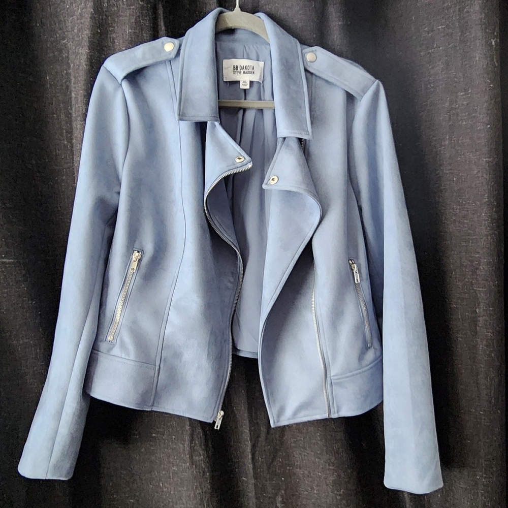 BB Dakota x Steve Madden Faux Suede Moto Jacket Women’s XL Light Blue Zip Front - Picture 3 of 8